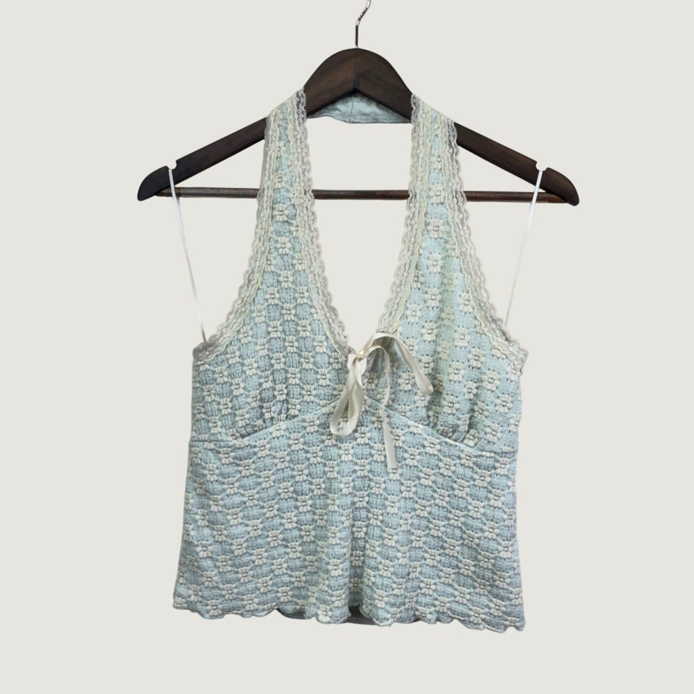 La Peche Halter Top XL Blue Lace Trim Cottagecore Coquette Y2K Aesthetic